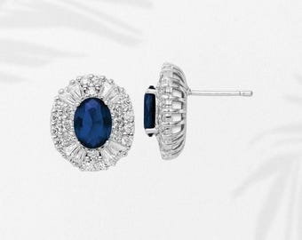 Sterling Silver Dark Blue Spinel and White CZ Oval Halo Post Earrings