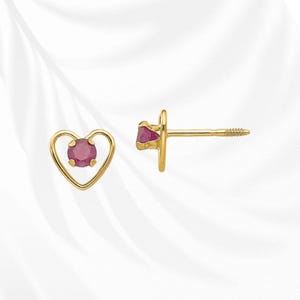 14K Yellow Gold Birthstone Heart Earrings 3mm Ruby