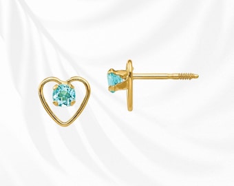 14K Yellow Gold Birthstone Heart Earrings 3mm Genuine Blue Topaz