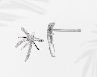 Sterling Silver Rhodium-plated CZ Palm Tree Post Earrings