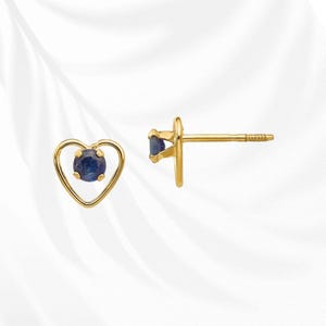 14K Yellow Gold Birthstone Heart Earrings 3mm Blue Sapphire