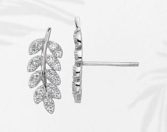 Sterling Silver Rhodium-plated CZ Leaf Post Earrings