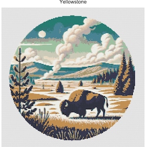 May include: A circular illustration of a nighttime scene in Yellowstone National Park. The illustration features a bison in the foreground, a geyser erupting in the background, and a full moon in the sky. The sky is a dark blue with white clouds. The ground is a light brown with green grass and trees.