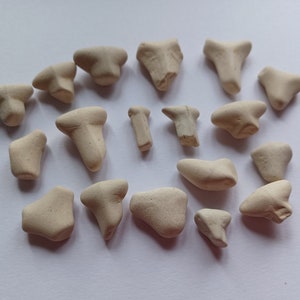 May include: A selection of small, pale beige ceramic objects, each with a distinct form. Some are T-shaped, while others are more rounded or irregular. The items are arranged on a white surface.