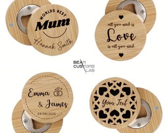 Abridor de botellas con imán de madera personalizado | Abridor de tapas de bambú redondo personalizado con imán | Abridor de cerveza magnético, boda, regalo perfecto para madre