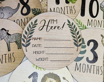 Animal Milestone Cards Baby Birth Customized Stats | Presonalized info Newborn Baby Shower Gift Monthly Wooden Age Sign Marker Double Sided