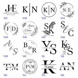 May include: A set of 16 black and white wedding monogram designs. Each design features a unique combination of letters and decorative elements, such as leaves, hearts, and lines. The designs are arranged in a grid pattern and labeled with the letters Y01 through Y16.