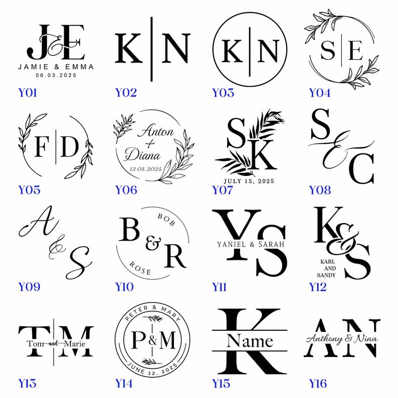 May include: A set of 16 black and white wedding monogram designs. Each design features a unique combination of letters and decorative elements, such as leaves, hearts, and lines. The designs are arranged in a grid pattern and labeled with the letters Y01 through Y16.