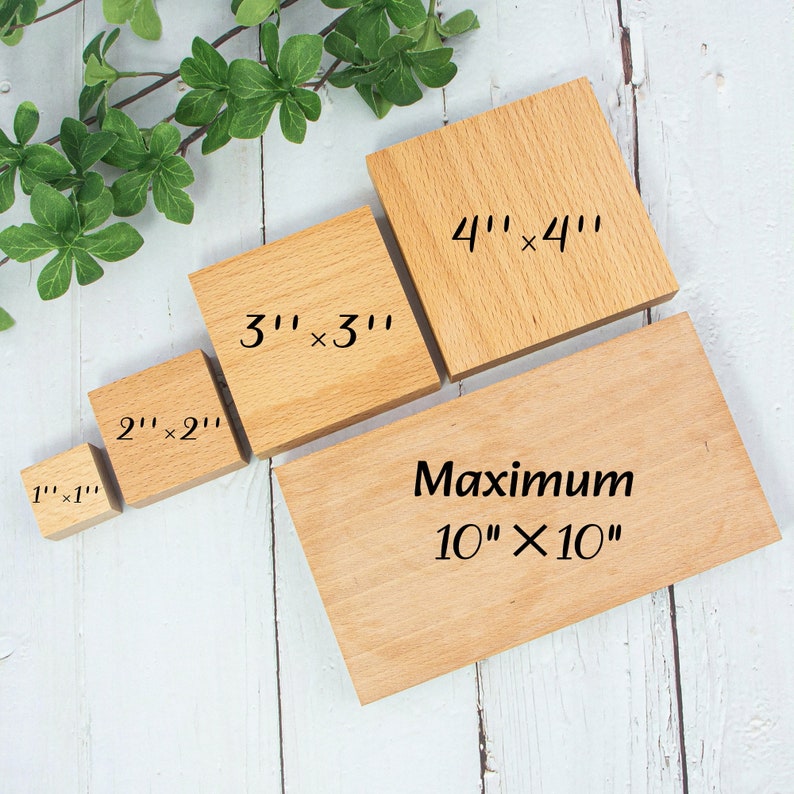 May include: Four wooden squares of different sizes, showing the maximum size for a custom order. The squares are labelled with their dimensions in inches: 1" x 1", 2" x 2", 3" x 3", and 4" x 4". The largest square is labelled "Maximum 10" x 10"
