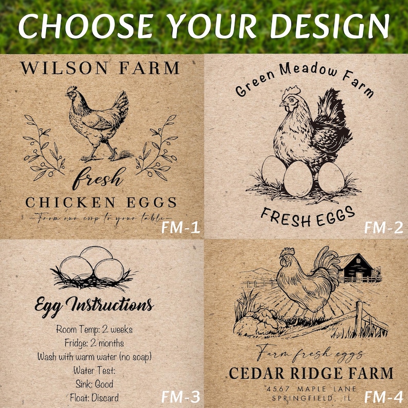 May include: Four rustic design options for fresh eggs. Each design features a farm theme with illustrations of chickens, eggs, and farm scenes. Text includes "Choose Your Design", farm names, and "Fresh Eggs".