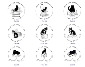 9 Cat Design Prägestempel | Individuelle persönliche Prägungen | Geschenke für Katzenliebhaber | Aus der Bibliothek der Katzen, Blumen, Bienen und Bücher