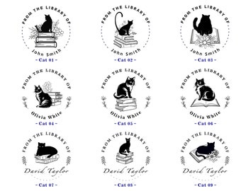 9 Cat Design Embossers | Customized Personal Embossers | Gifts for Cat Lovers | From the Library of Cats, Flowers, Bee, and Books