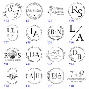 May include: A collection of 12 black and white wedding stamp designs with various floral and graphic elements. Each stamp features a couple's initials and wedding date. The stamps are labeled with numbers Y33 through Y48.