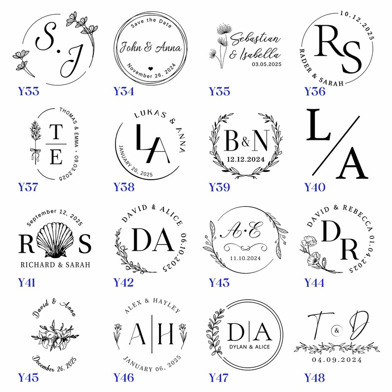May include: A collection of 12 black and white wedding stamp designs with various floral and graphic elements. Each stamp features a couple's initials and wedding date. The stamps are labeled with numbers Y33 through Y48.