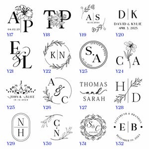 May include: A set of 32 black and white rubber stamps with various designs, including initials, names, and dates. The stamps are arranged in a grid pattern on a white background.