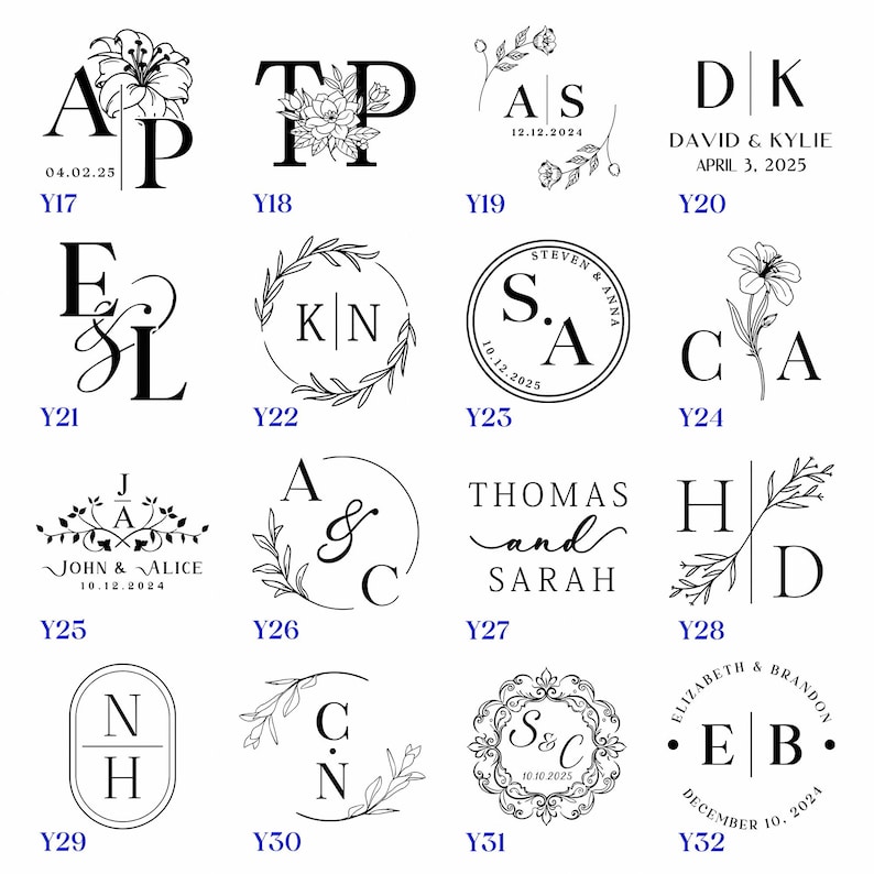 May include: A set of 32 black and white rubber stamps with various designs, including initials, names, and dates. The stamps are arranged in a grid pattern on a white background.