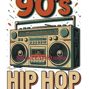 T-shirtontwerp jaren 90 hiphop boombox – retro rapstijl afdrukbaar png-bestand – streetwear digitaal kunstbestand