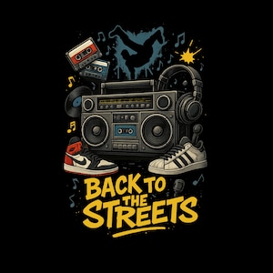 Back to the Streets – 90s Hip-Hop Boombox Digital T-Shirt Design (PNG, Transparent Background)