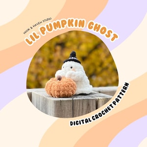 May include: A crochet pattern for a Lil Pumpkin Ghost, a white ghost holding an orange pumpkin. The pattern is digital and available for download. The image shows the finished crochet project against a blurred background of fall foliage.