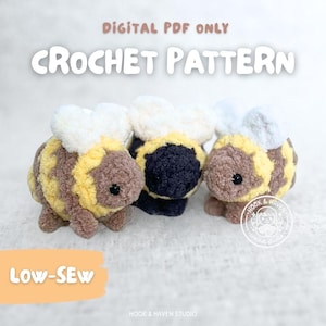 May include: Three plush crochet bees with white wings and striped bodies in yellow, brown, and black. Text reads: DIGITAL PDF only CROCHET PATTERN, Low-SEW, and HOOK & HAVEN STUDIO. The bees have small black eyes and soft, fuzzy yarn textures.