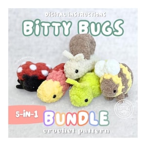 May include: A digital instructions 5-in-1 bundle crochet pattern for Bitty Bugs featuring five plush toys: a red and black ladybug, a pink and yellow caterpillar, a beige snail, a lime green caterpillar, and a yellow and brown striped bee.