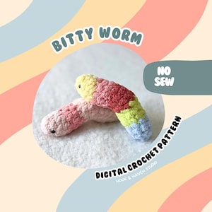 May include: Two colorful crochet worms, one pink and one with yellow, red, green, and blue segments, are displayed. The image includes text that reads "BITTY WORM" and "DIGITAL CROCHET PATTERN". The background has a pastel rainbow design.
