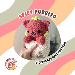 May include: A crochet pattern for a "Spicy Purrito" amigurumi toy. The toy is a red cat with a green leafy top, wrapped in a white blanket. The pattern is available as a digital download from Hook & Haven Studio.