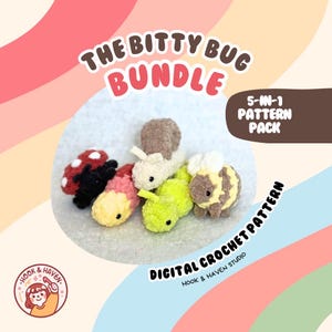 May include: A crochet pattern bundle featuring five adorable amigurumi bug designs: a ladybug, a bee, a snail, a caterpillar, and a worm. The pattern is available as a digital download.