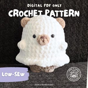 May include: A white and tan plush toy with a rounded body, small ears, and a tan snout. The text reads DIGITAL PDF ONLY CROCHET PATTERN, LOW-SEW, and HOOK & HAVEN STUDIO. A circular logo features a person holding yarn with the text HOOK & HAVEN crochet studio.