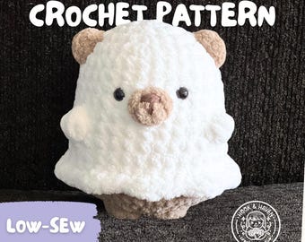 May include: A white and tan plush toy with a rounded body, small ears, and a tan snout. The text reads DIGITAL PDF ONLY CROCHET PATTERN, LOW-SEW, and HOOK & HAVEN STUDIO. A circular logo features a person holding yarn with the text HOOK & HAVEN crochet studio.