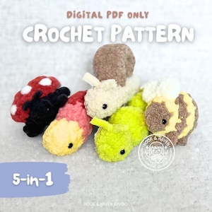 May include: A digital PDF crochet pattern titled 5-in-1 featuring five small plush creatures: a red and white ladybug, a pink and yellow caterpillar, a tan snail, a bright green caterpillar, and a brown and yellow bee with black eyes.