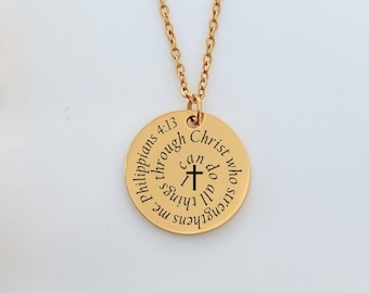 Philippians 4:13 I Can Do All Things Necklace, Bible Verse Engraved Christian Jewelry, Cross and Scripture Pendant