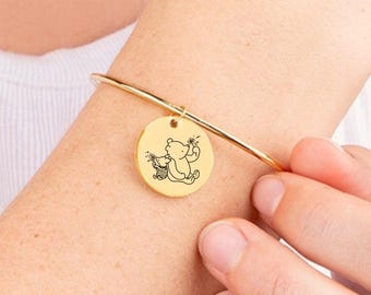 Winnie The Pooh Bracelet, Pooh and Piglet Friendship Bracelet, Summer Dandelion Cute Bangle Cuff Bracelet For Her, Engraved Jewelry