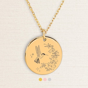 Hummingbird Necklace, Custom Engraved Jewelry Gift For Her, Floral Bird Necklace, Christmas Gift, Birthday Gift For Friend