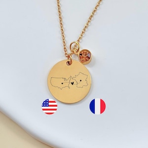 Personalized Country Necklace With Birthstone: Custom Two Countries or States Engraved Jewelry, Long Distance Gift