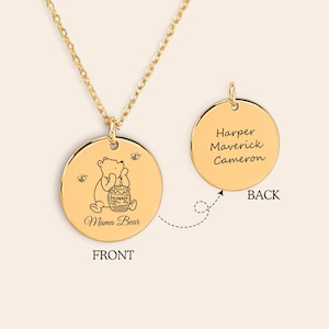 " Pooh cartoon sitting with hunny pot, Mama Bear engraved on the pendant. You can add children name on the back