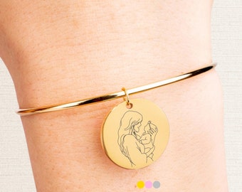Personligt linjekonstarmband, anpassad fototeckning, graverat armband, present till mostrar, julklapp till gudmödrar, linjeporträtt