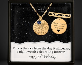 Custom Star Map 25th Birthday Necklace with Birthstone, Night Sky Jewelry, Starmap By Date and Location
