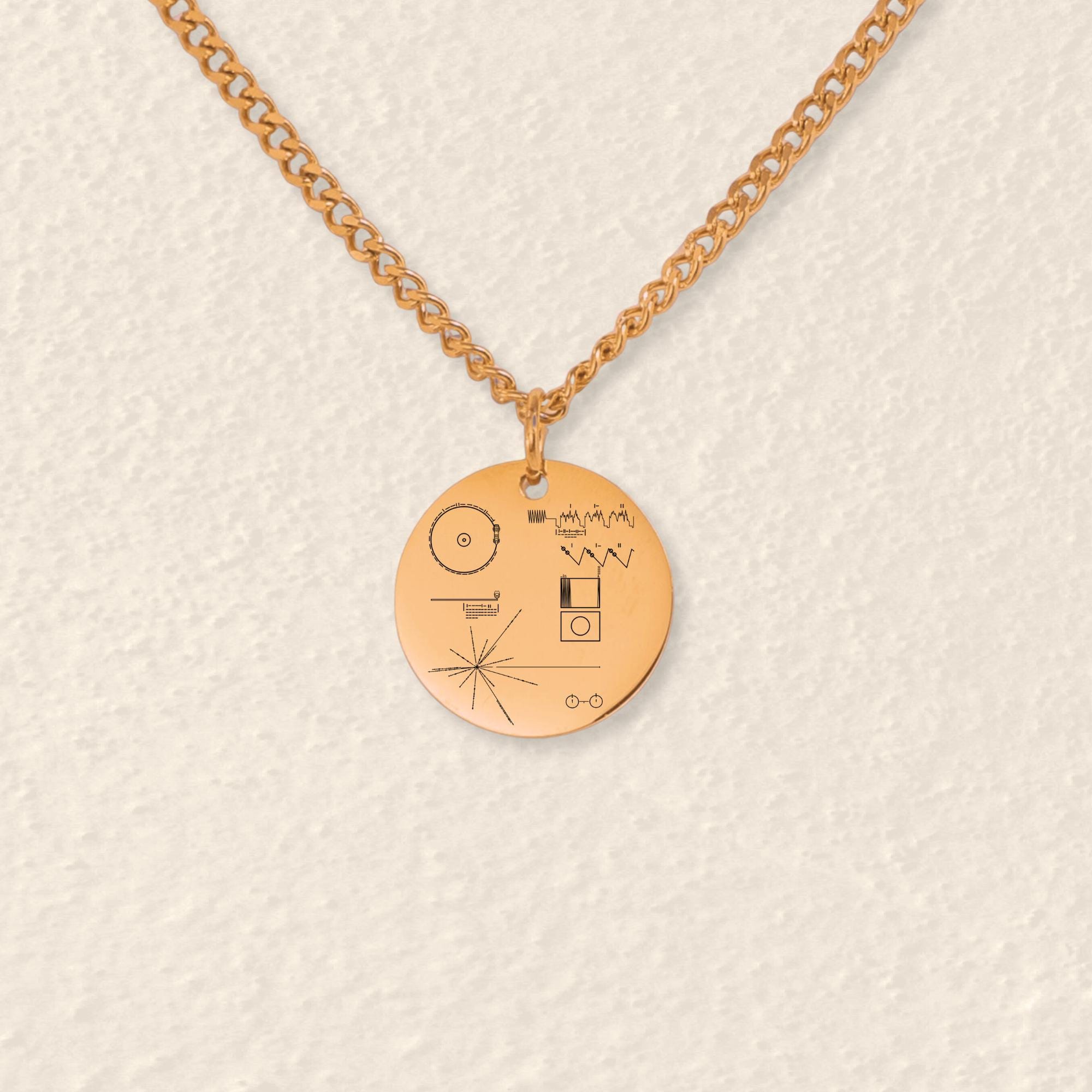 Voyager Golden Record Cover Necklace: Engraved Geeky Space Jewelry