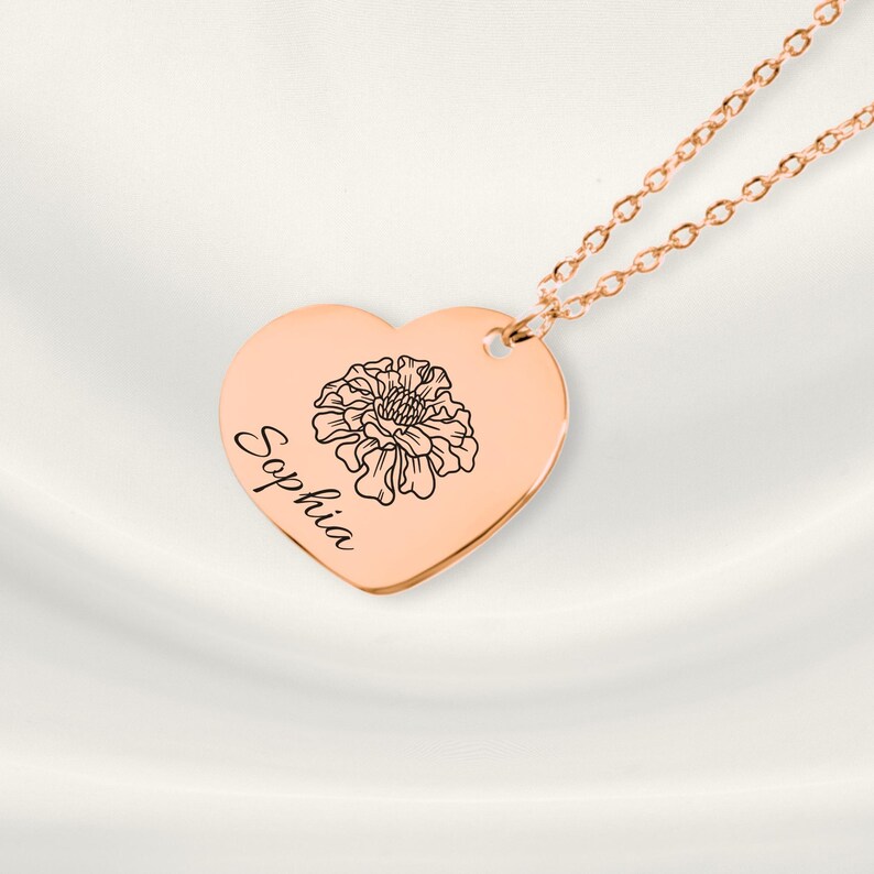 Personalized Birth Flowers Necklace, Heart Pendant, Custom Birth Month