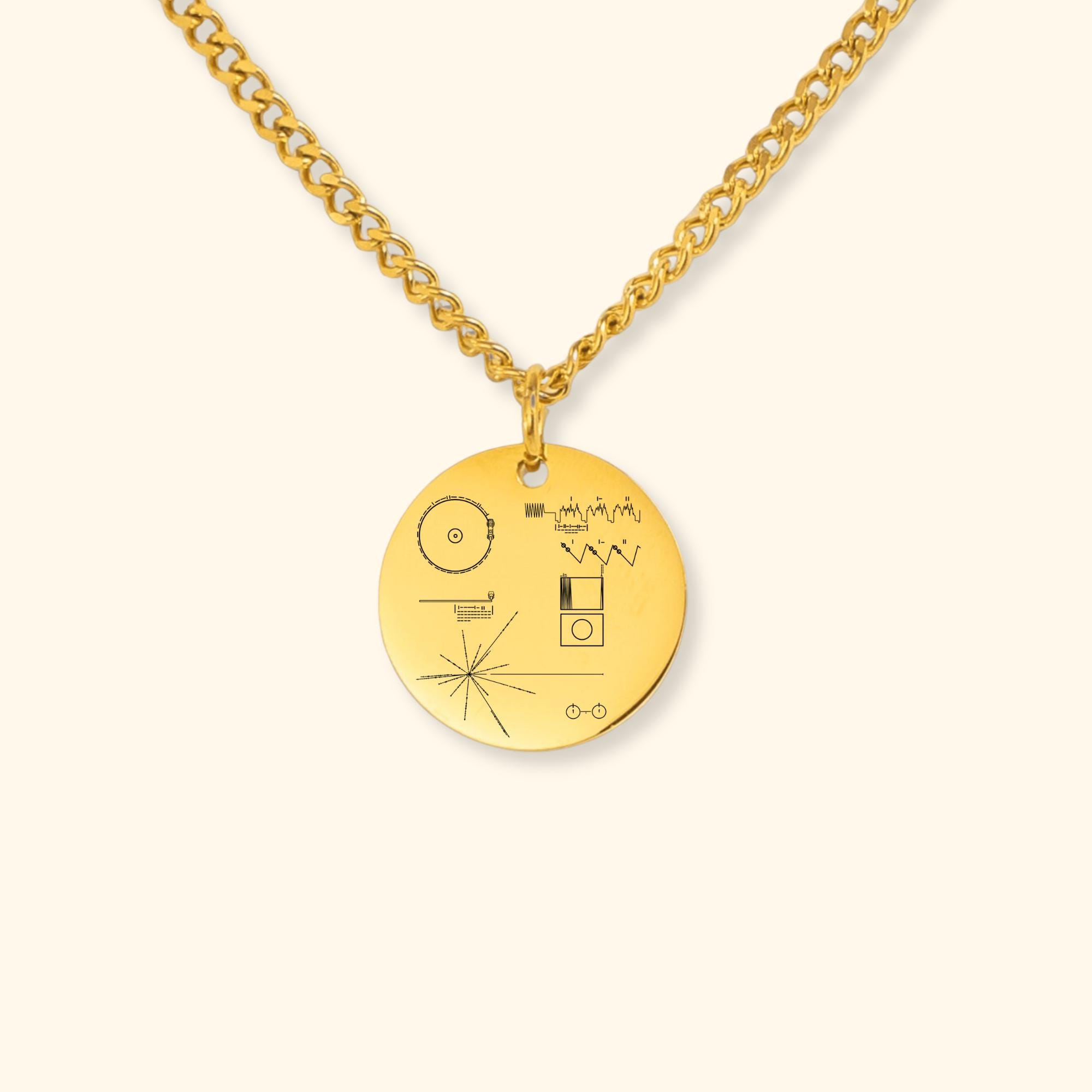 Voyager Golden Record Cover Necklace: Engraved Geeky Space Jewelry