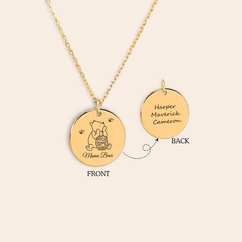 " Pooh cartoon sitting with hunny pot, Mama Bear engraved on the pendant. You can add children name on the back