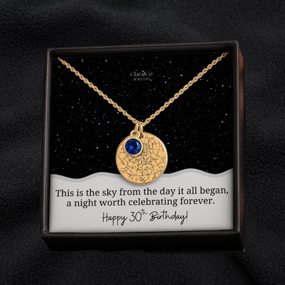 30th Birthday Necklace With Birthstone: Engraved Personalized Star Map Jewelry