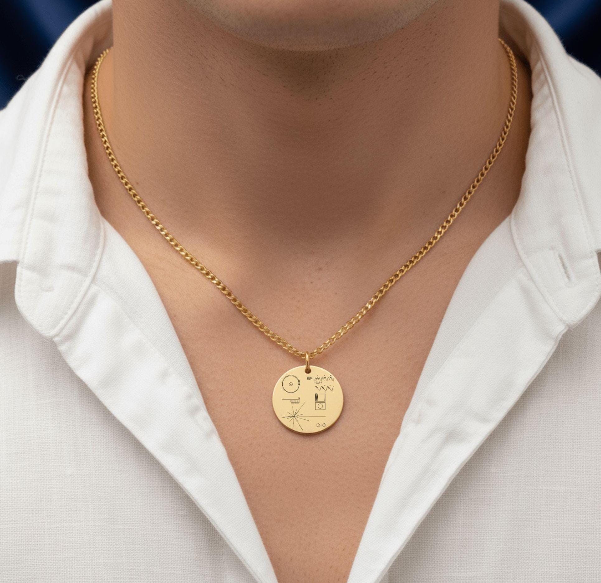 Voyager Golden Record Cover Necklace: Engraved Geeky Space Jewelry