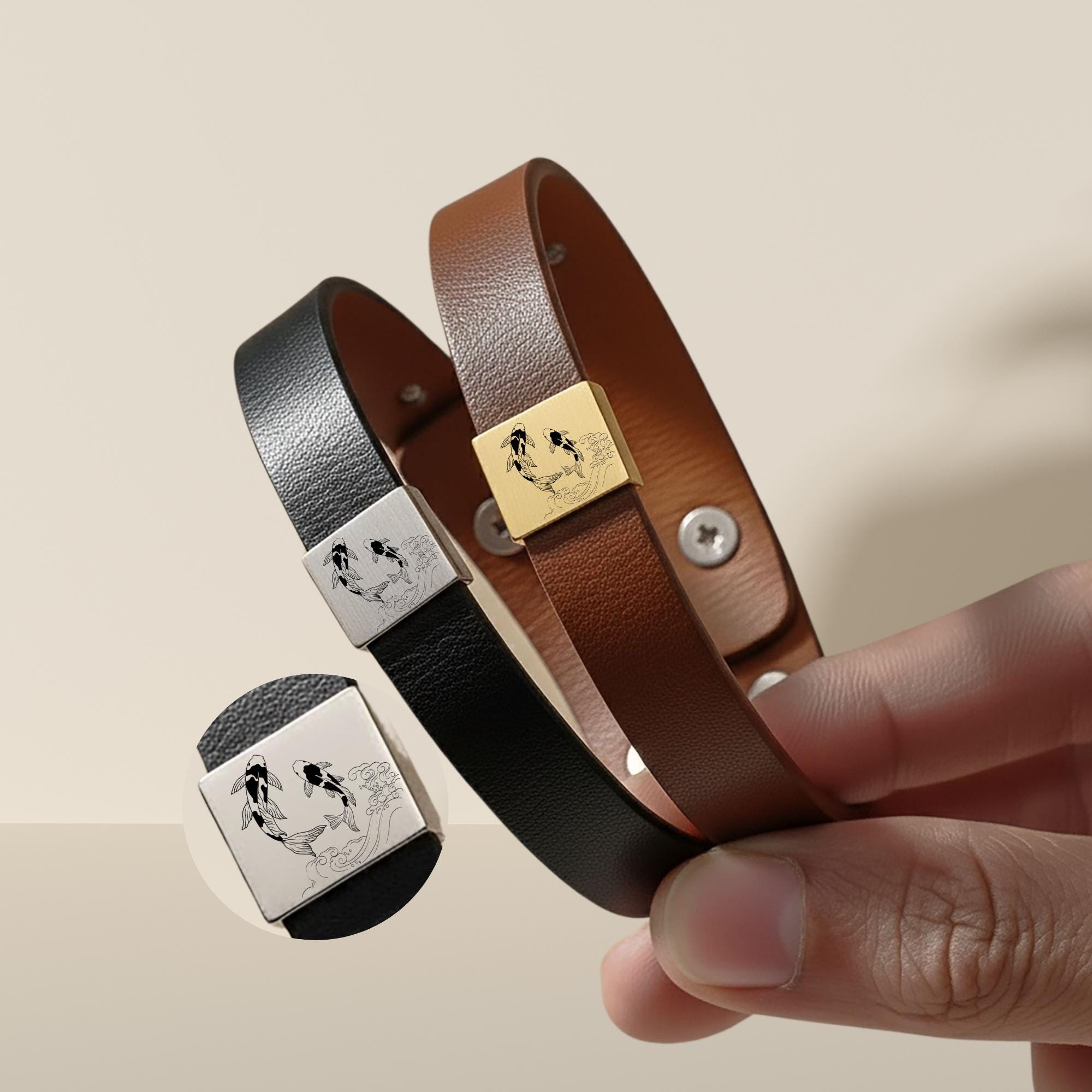 Engraved Koi Fish Bracelet: Japanese Koi Jewelry, Premium Vegan