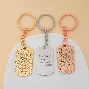 Peut inclure: Trois porte-clés en métal avec des pendentifs en forme de plaque d'identité. L'un est doré, l'autre argenté et le dernier en or rose. Les étiquettes dorées et or rose présentent un motif de constellation. L'étiquette argentée porte le texte "The first night we met 11.11.2020".