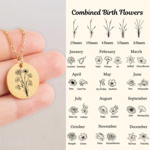 Personalized Combined Birth Flowers Necklace, Birthflowers Bouquet Jewelry Gift For Her, Custom Birth Month Flowers Engraved, Christmas Gift
