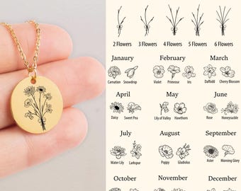 Personalized Combined Birth Flowers Necklace, Birthflowers Bouquet Jewelry Gift For Her, Custom Birth Month Flowers Engraved, Christmas Gift