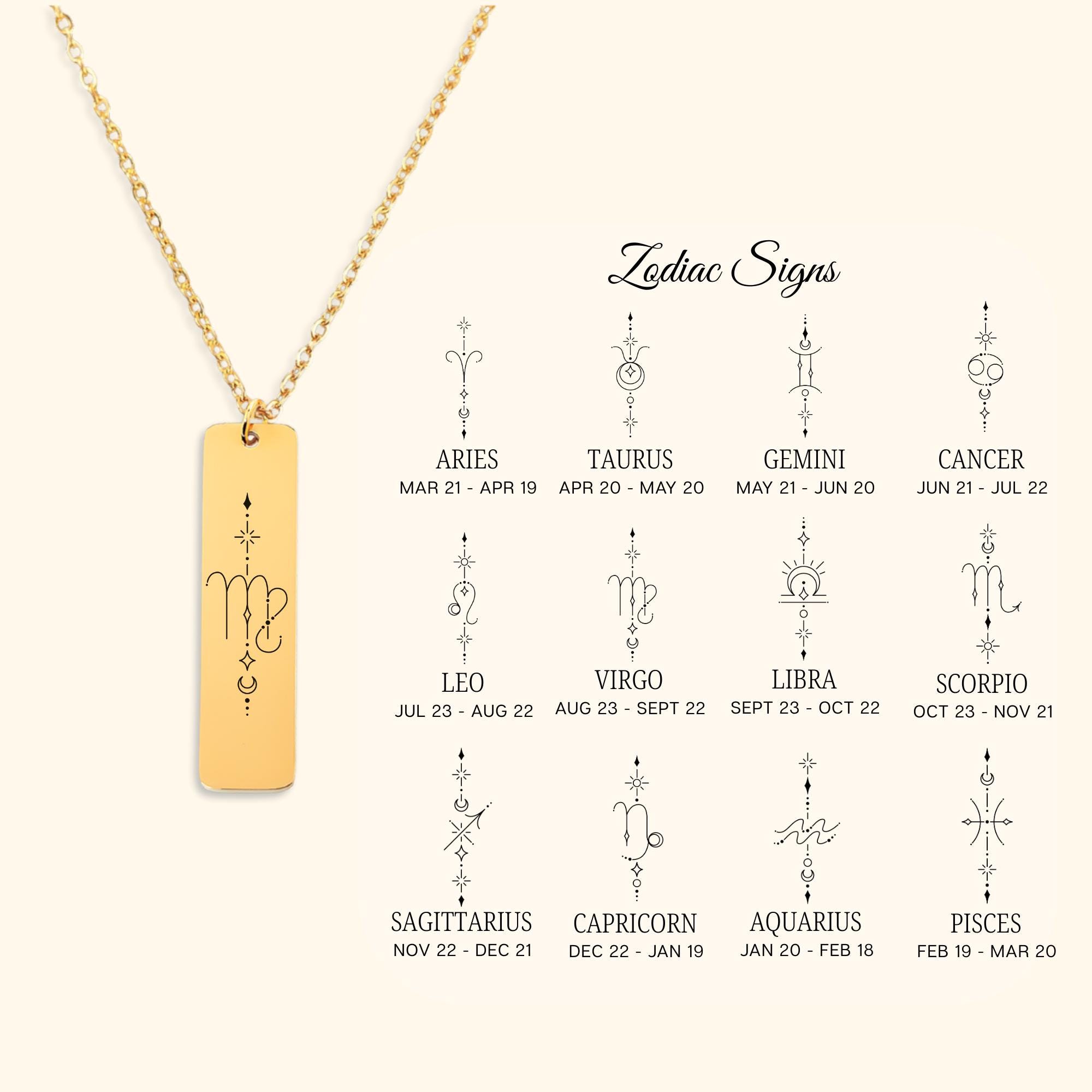 Zodiac Custom Personalized Zodiac Sign Bar Necklace, Custom Engraved Jewelry for Her ...