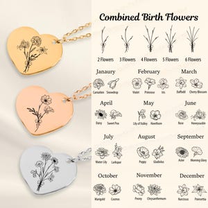 Combined Birth Flowers Heart Necklace, Mother's Day Gift, Custom Family Birth Month Flowers Bouquet Jewelry Gift For Her, Christmas Gift